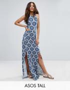 Asos Tall Halter Neck Maxi Dress With Shirred Back Panel In Tile Print - Blue