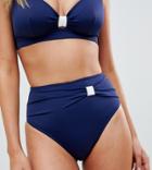 Asos Design Fuller Bust Exclusive Tab Detail High Waist Bikini Bottom In Navy/white - Blue