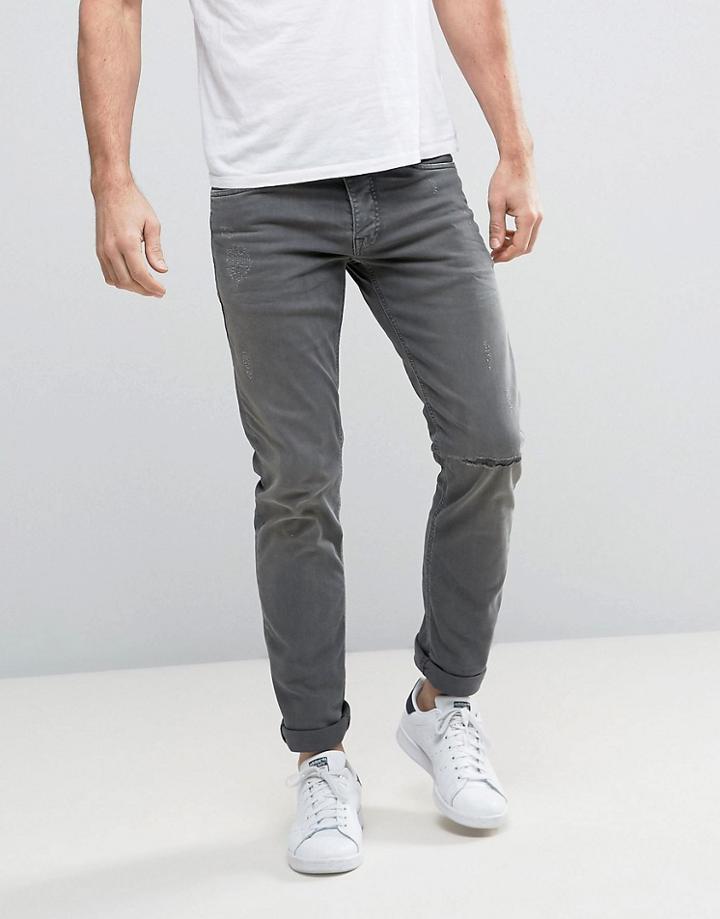 Jack & Jones Intelligence Jeans In Slim Fit Distressed Denim - Gray
