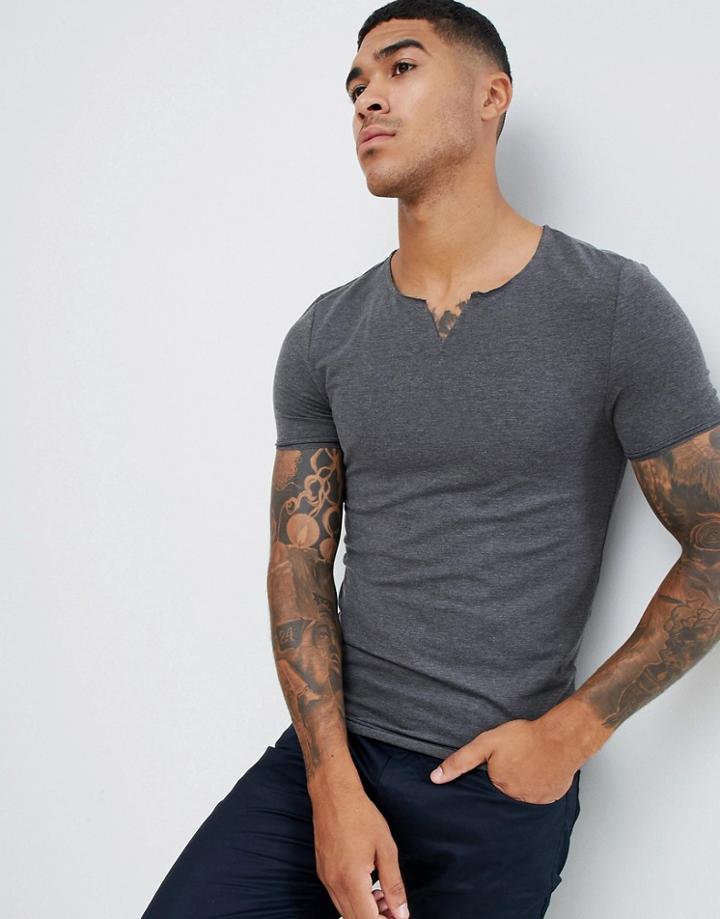 Asos Design Muscle Fit T-shirt With Raw Notch Neck In Gray - Gray