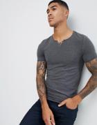 Asos Design Muscle Fit T-shirt With Raw Notch Neck In Gray - Gray