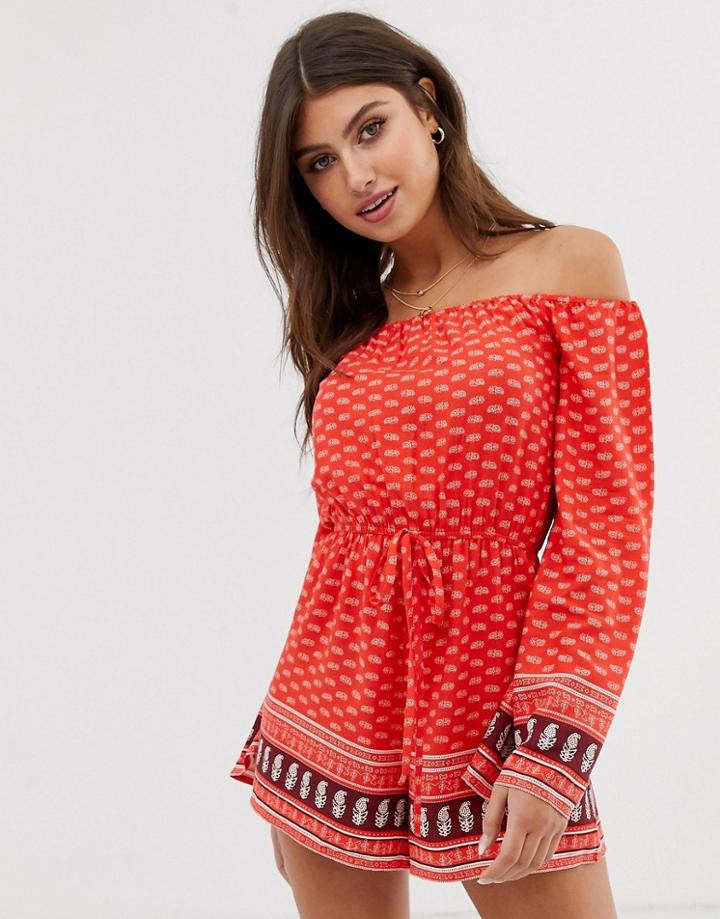 Influence Border Print Bardot Beach Romper - Red