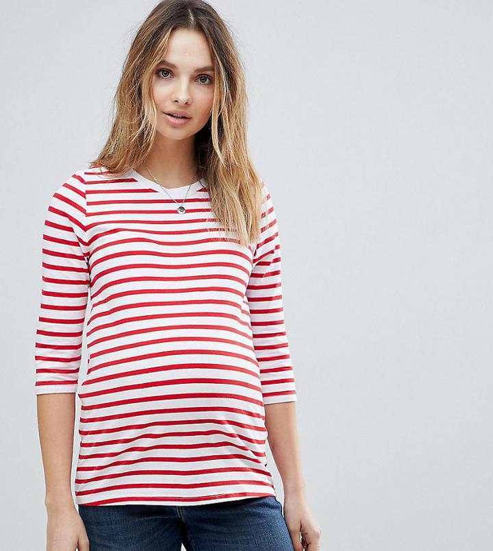 New Look Maternity Stripe 3/4 Sleeve Tee - Red