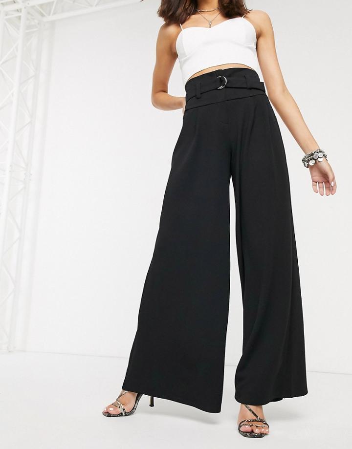 Bershka Belted Wide Leg Pants In Black