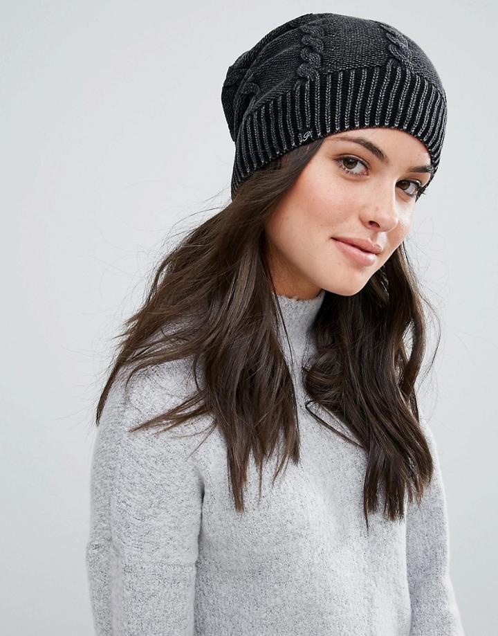 Plush Fleece Lined Faded Cable Knit Beanie Hat - Black