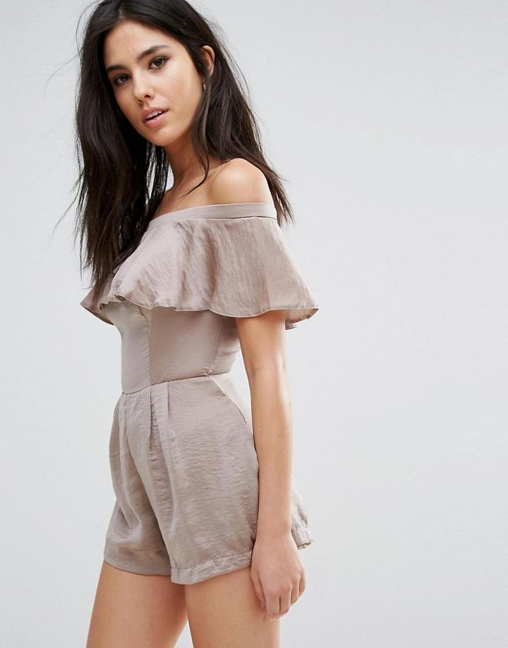 Love Off Shoulder Frill Romper - Beige