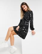 New Look Fitted And Flared Mini Dress In Black Polka Dot
