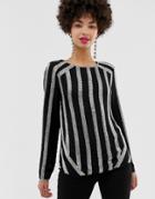 River Island Embellished Stripe Blouse In Black