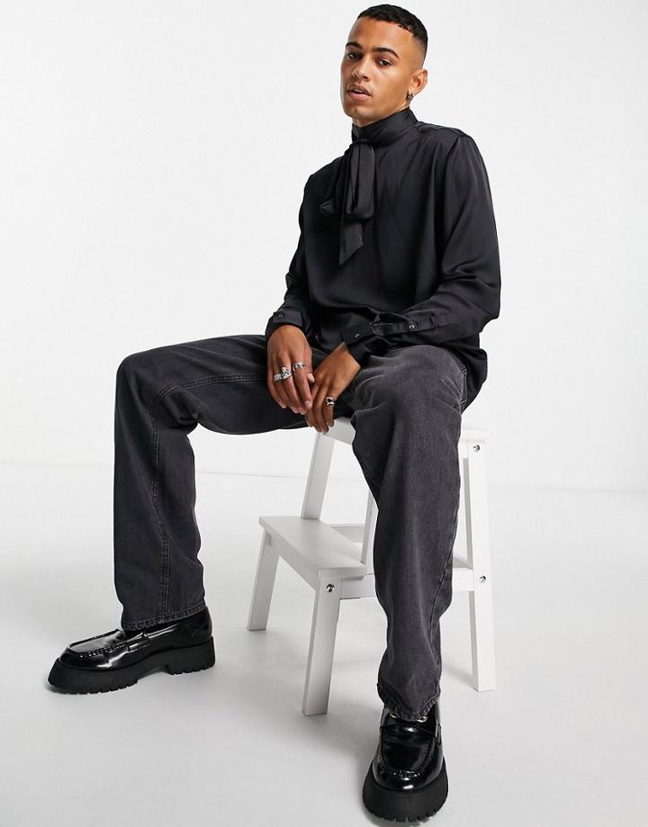 Asos Design Shirt With Pussybow Tie Neck In Black Satin