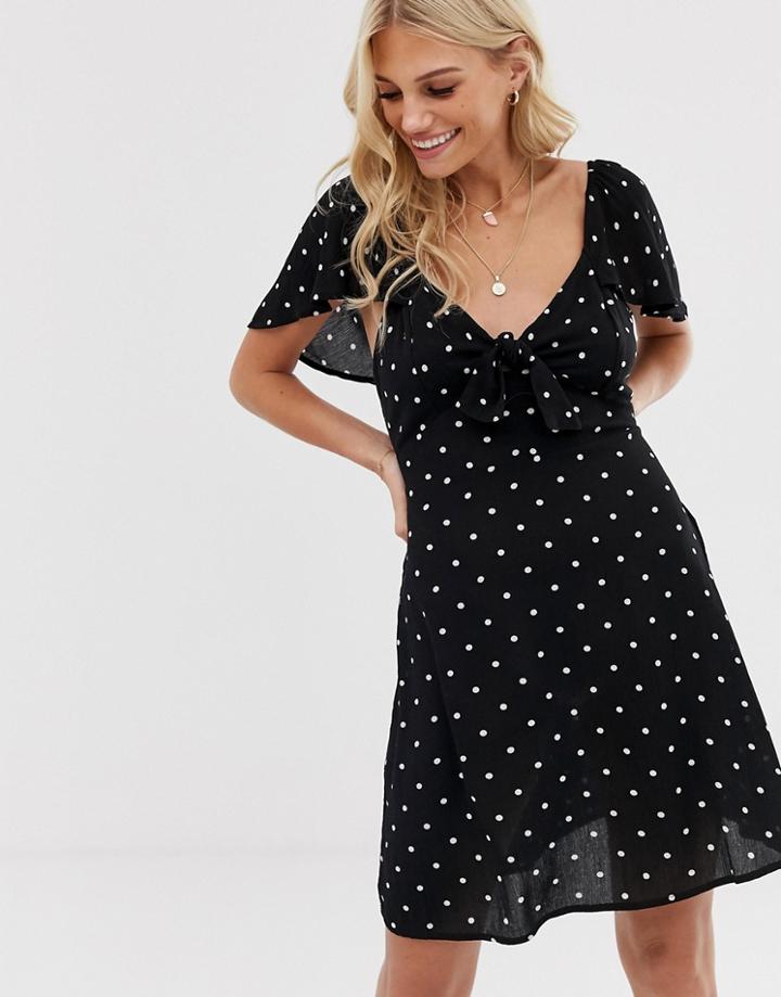 Stradivarius Tie Front Dress In Polka Dot