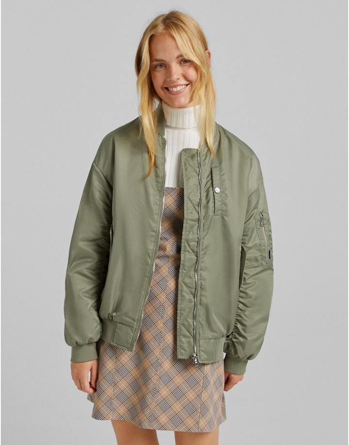 Bershka Nylon Bomber Jacket In Khaki-green