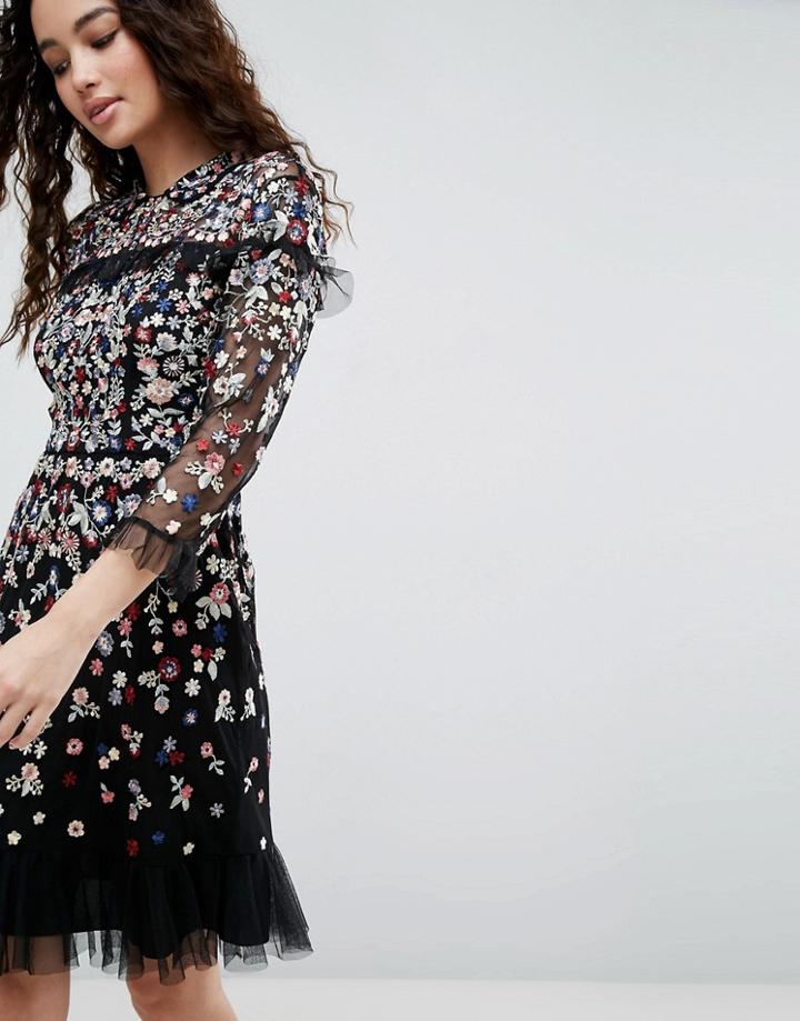 Needle & Thread Posy Embroidered Long Sleeve Dress - Black