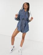 Signature 8 Tie Front Denim Dress In Mid Wash-blue