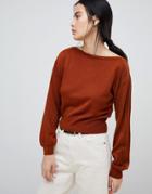 Asos Design Sweater In Off Shoulder Shape In Fine Knit - Red