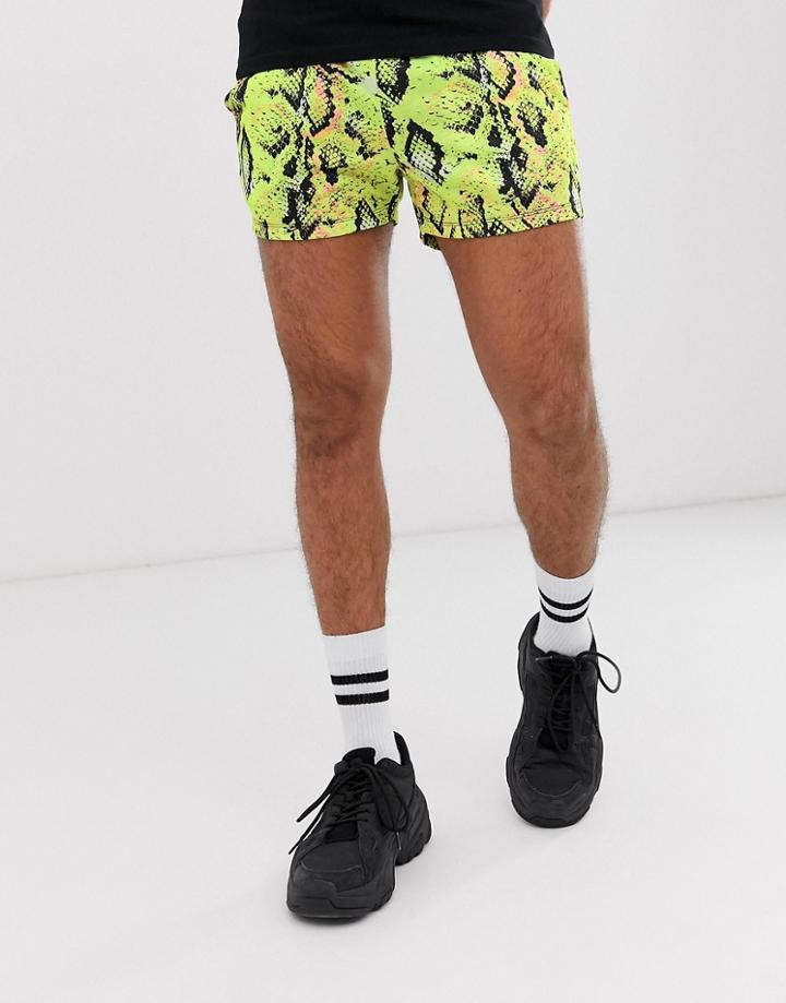 Asos Design Festival Skinny Shorts In Neon Snakeskin Print In Short Length - Beige
