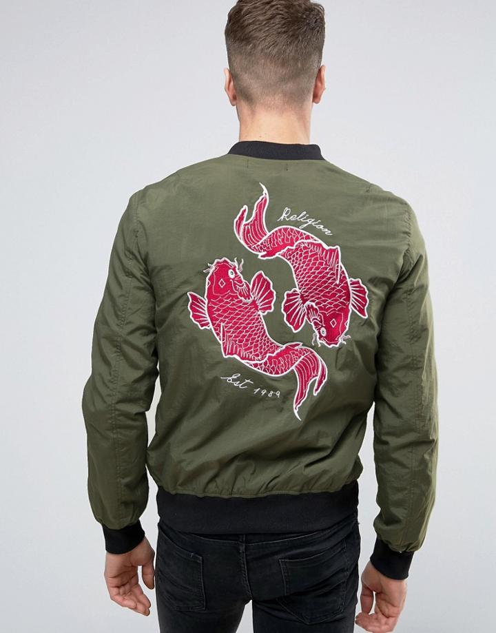 Religion Souvenir Bomber Jacket With Koi Carp Back Embroidery - Green
