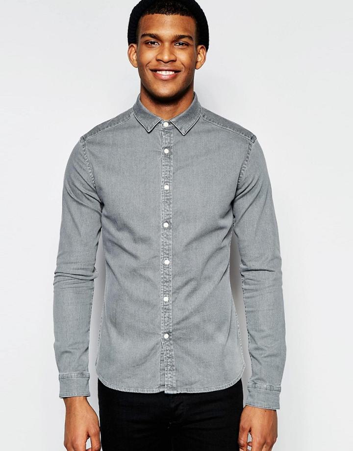 Asos Skinny Denim Shirt In Light Gray With Long Sleeves - Lt Gray