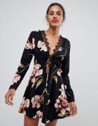 Missguided Floral Lace Trim Skater Dress - Black