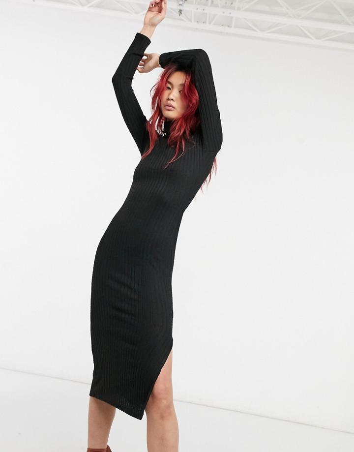 River Island Long Sleeve Cozy Midi Dress In Black