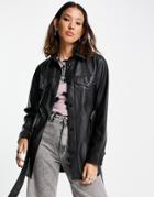 Topshop Faux Leather Long Sleeve Belted Shirt Jacket In Black