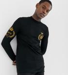 Asos Design Tall Muscle Fit Long Sleeve T-shirt With Turtleneck And Emblem Embroidery-black
