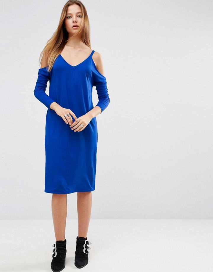 Asos Midi T-shirt Dress With Cold Shoulder - Blue