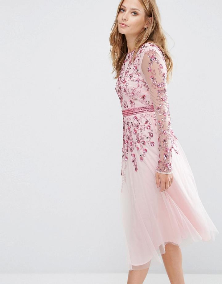 Maya Embellished Fit And Flare Midi Dress - Pink