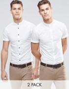 Asos Skinny Shirt In White With Grandad Collar And Short Sleeves 2 Pack Save 15% - White
