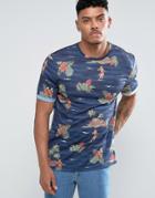 Asos T-shirt With All Over Hawaiian Print And Rolled Sleeve - Blue