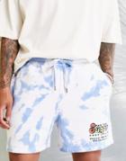 Asos Design Relaxed Short In Blue And White Tie Dye With Text Print - Part Of A Set-multi