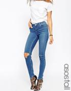 Asos Tall Lisbon Skinny Midrise Jeans In Blessing Mid Stonewash With Rips - Blue