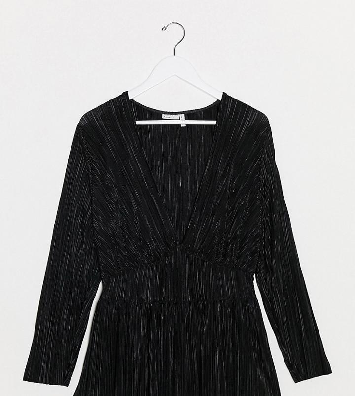 Asos Design Curve Wrap Peplum Sleeve Plisse Top In Black