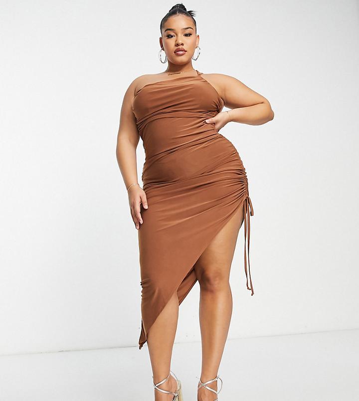 Jaded Rose Plus One Shoulder Ruched Midi Dress In Brown