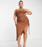 Jaded Rose Plus One Shoulder Ruched Midi Dress In Brown
