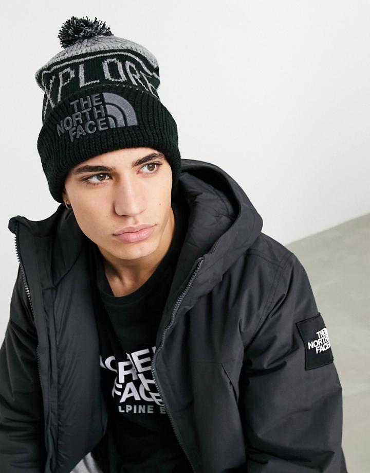 The North Face Retro Tnf Pom Beanie In Black/gray-grey