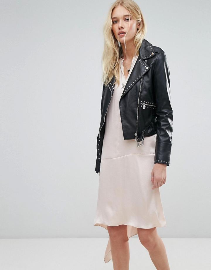 Lab Leather Biker Jacket With Stud Detail And Belt - Black