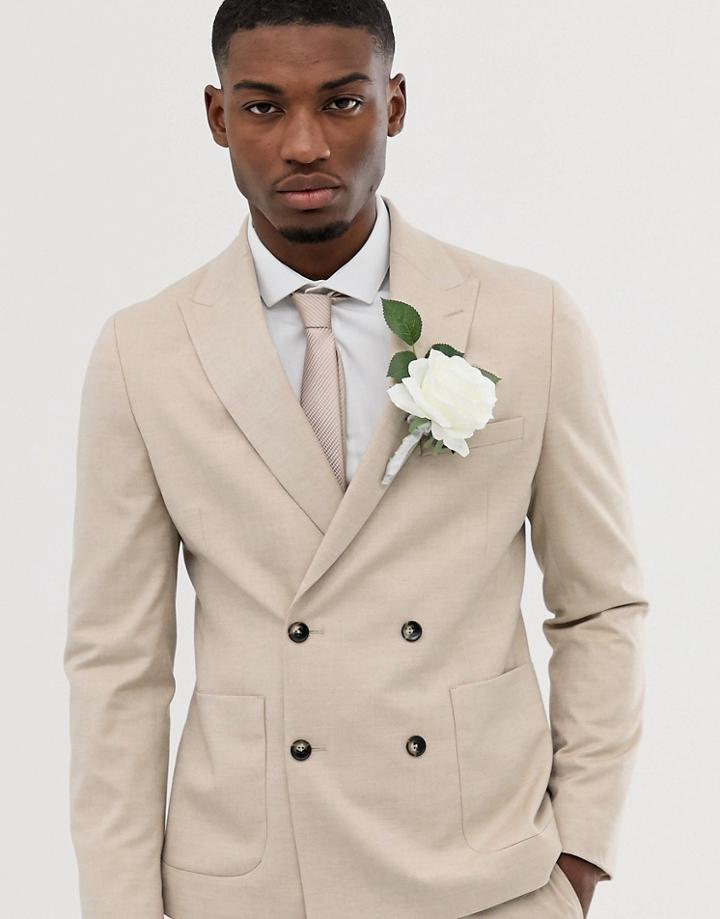 Moss London Slim Stretch Double Breasted Suit Jacket In Stone - Green