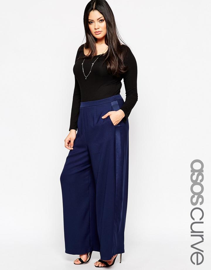 Asos Curve Palazzo Pants With Tuxedo Trim - Navy