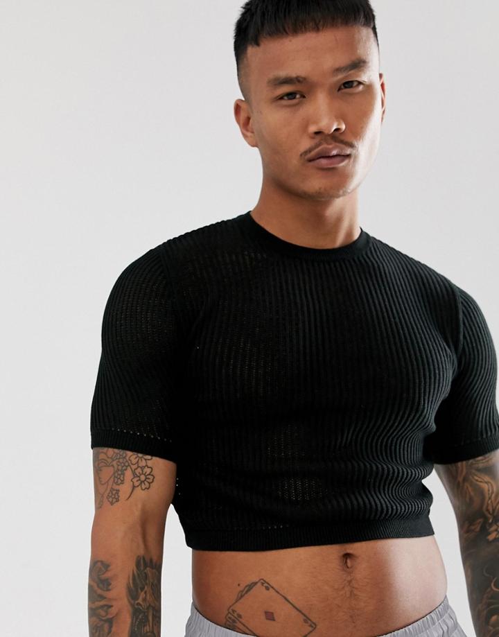 Asos Design Knitted Sheer Mesh Cropped Sweater In Black
