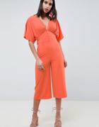 Asos Design Tea Jumpsuit With Kimono Sleeve And Button Detail - Pink