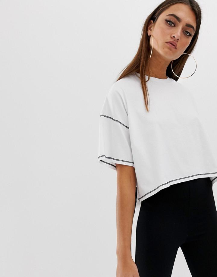 Asos Design Oversized Cropped T-shirt With Stepped Hem And Contrast Stitch - White