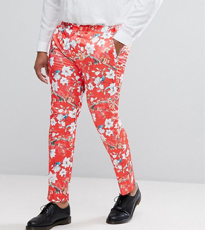 Asos Plus Super Skinny Suit Pants With Red Peacock Print - Red
