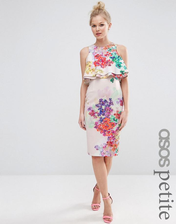 Asos Petite Double Ruffle Floral Crop Top Midi Pencil Dress - Multi