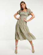 Influence Puff Sleeve Tiered Chiffon Midi Dress In Sage Green-multi