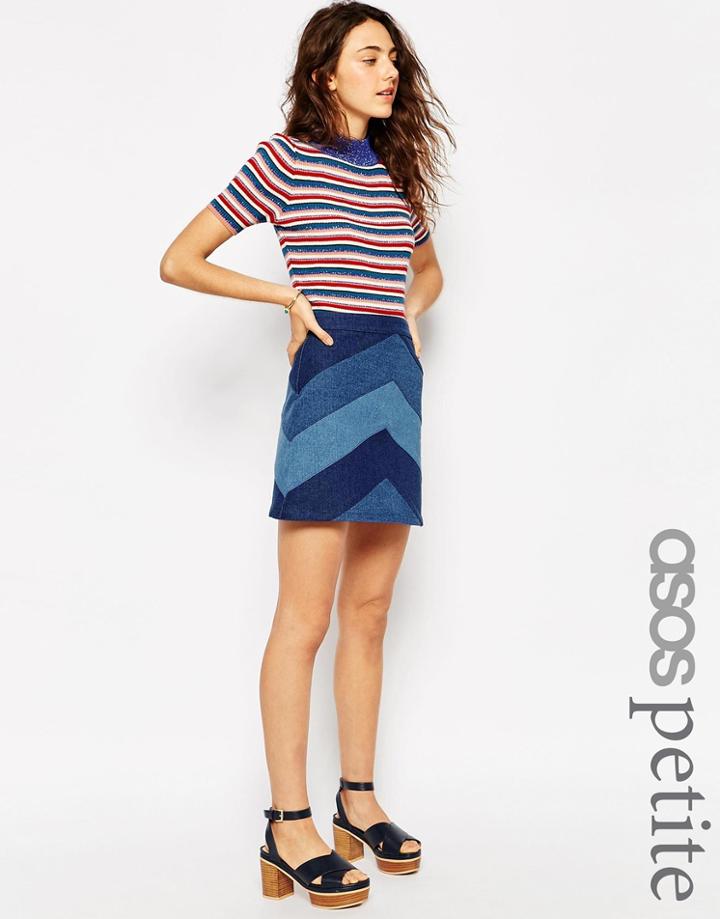 Asos Petite Denim A-line Mini Skirt In Chevron Patchwork - Patchwork