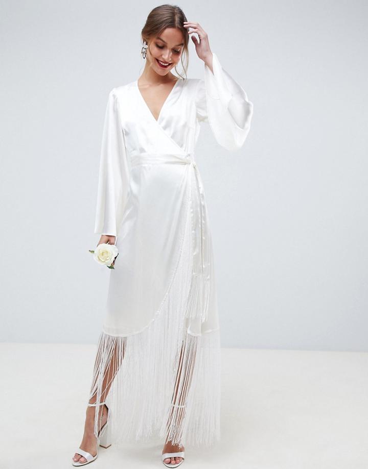 Asos Edition Satin Fringe Wrap Wedding Dress - Cream