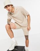 Asos Design Two-piece Relaxed Pique Revere Polo In Beige-neutral