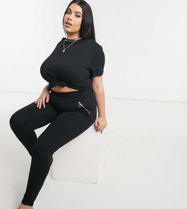 New Look Curve Zip Detail Leggings In Black
