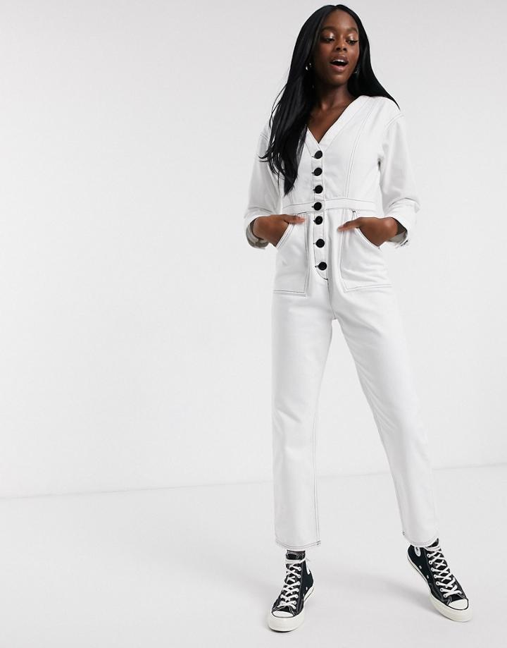 Asos Design Denim Jumpsuit In White With Contrast Stitch
