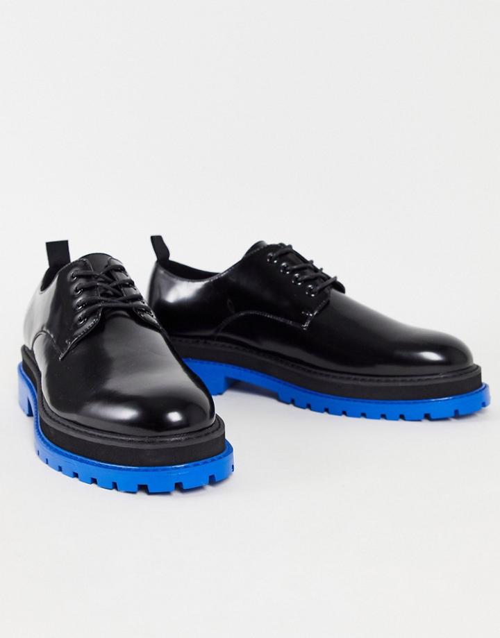 Asos Design Chunky Lace Up Shoe In Black Faux Leather With Contrast Blue Sole